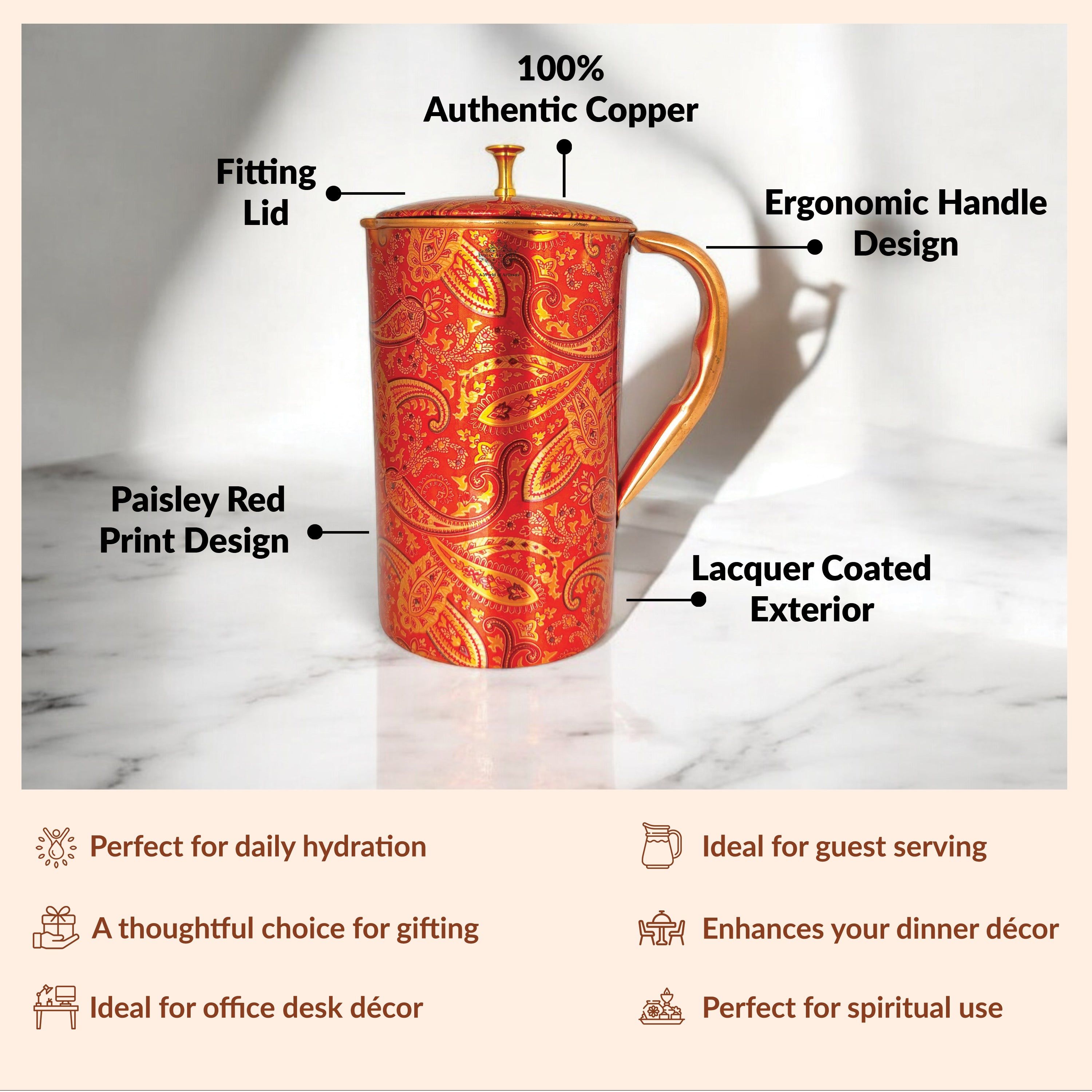 Pure copper paisley printed design jug with brass knob on lid medallion, 1500 ML